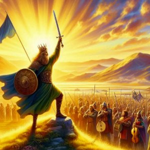 Picture of Psalm 108: I Will Sing Praises to Our God Who Will Save Us from Our Enemies (Picture of King David at dawn with his army with triumphant faith and music that God will save them from their enemies)