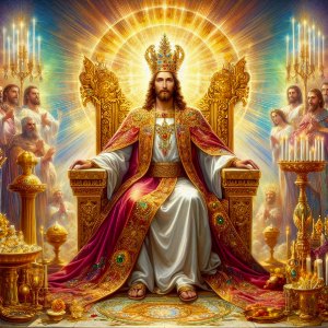 Picture of Psalm 110: Jesus, Both King and High Priest Forever (Picture of Jesus in both priestly and regal clothing sitting on the throne of his millenial reign on earth)