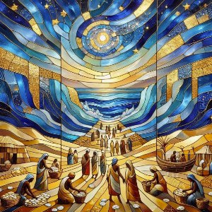 Picture of Psalm 111: The Glorious, Powerful and Compassionate Works of God (Abstract montage painting showing the glorious heavens, the parting of the Red Sea, and the provision of manna in the desert)