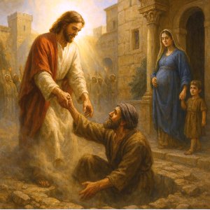 Picture of Psalm 113: He Raiseth Up the Poor out of the Dust; He Maketh the Barren Woman to Keep House (picture of Jesus lifting up a poor father out of the dust with his pregnant wife and child watching)