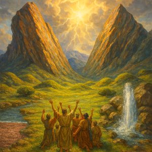 Picture of Psalm 114: The Mountains Skipped Like Rams; Tremble, Thou Earth, at the Presence of the Lord (picture of mountains 'skipping,' river water being stopped at one place and water being provided at another, in the presence of Israelites)