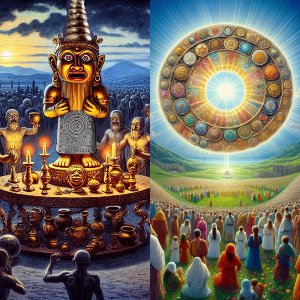 Picture of Psalm 115: They That Make Idols Are Like Unto Them; But We Trust the Lord our Help and Shield (side-by-side contrasting pictures of zombified people worshipping an idol and Israelites praising God represented as a glowing shield)
