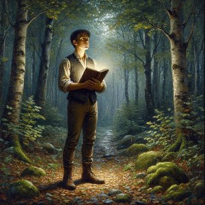 Picture of Psalm 119: Thy Word Is a Lamp Unto My Feet (Picture of a young man clinging to a Bible in a dark forest, holding God's Word in his heart and having it illuminate his feet and the path in front of him)