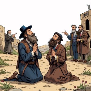 Picture of Psalm 123: Have Mercy Upon Us, For We Are Scorned (Picture of two Jewish pilgrims being scorned by rich and proud people)