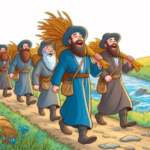 Picture of Psalm 126: They That Sow in Tears Shall Reap in Joy (Picture of exiles returning with joy to Jerusalem singing and carrying sheaves)