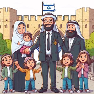 Picture of Psalm 127: Children are an Heritage of the Lord (Picture of a Jewish man rejoicing in his wife and five children, confronting with confidence another man at the city gate)