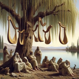 Picture of Psalm 137: We Wept When We Remembered Zion (Picture of Israelites in Babylon captivity, by the Euphrates river, sad and not willing to sing)