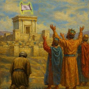 Picture of Psalm 138: I Will Worship Toward Thy Holy Temple (Picture of King David bowing down facing the temple in Jerusalem with various kings next to him singing praises to God)