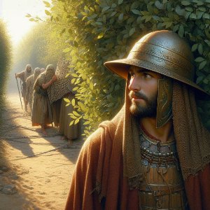 Picture of Psalm 140: Deliver Me, O Lord, from Violent, Evil Men Setting Traps for Me (Picture of a suspicious King David on a path being on the lookout for spies and traps)