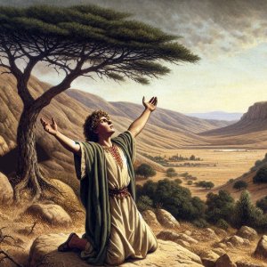 Picture of Psalm 143: I Stretch Forth My Hands Unto Thee; My Soul Thirsteth After Thee (Picture of David alone outside the Cave of Adullam reaching out for help from God)