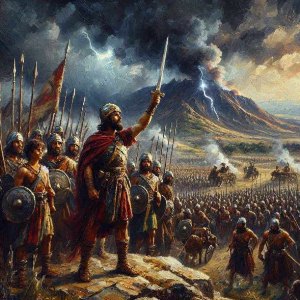 Picture of Psalm 144: Bow Thy Heavens, O Lord, and Deliver Me from the Hand of Foreigners (Picture of the mountains smoking and lightning coming forth to confuse and defeat the army in front of King David)