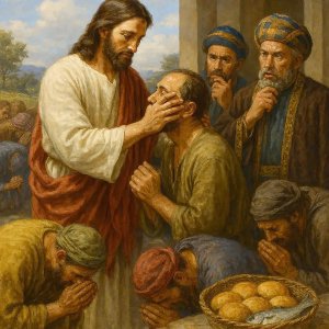 Picture of Psalm 146: Put Not Your Trust in Princes; The Lord Feeds the Hungry and Opens the Eyes of the Blind (picture of the Lord Jesus healing a blind man while others worship Him and the powerless Pharisees look on without understanding)