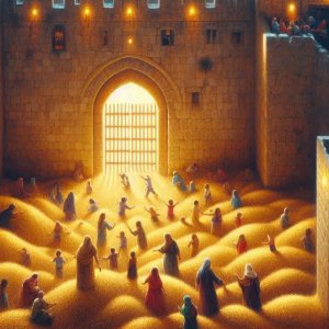 Picture of Psalm 147: The Lord Has Given Jerusalem Strength, Children, Peace, and Wheat (Picture of Jerusalem with strengthened bars at the gates, children playing in heaps of fine wheat, and parents at peace with each other)