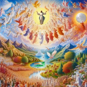 Picture of Psalm 148: Praise the Lord from Above and Below (Picture of all Creation praising God: Sun, moon, angels, mountains, hills, trees, sea creatures, birds, cattle, people)