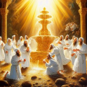 Picture of Psalm 36: With Thee Is the Fountain of Life (People receiving life from a golden fountain glowing with the light of God)