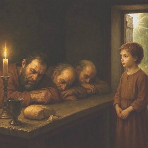 Picture of Proverbs 4:14-19: The Way of the Wicked is as Darkness (picture of evil men eating the bread of wickedness and drinking the wine of violence, sleepless, in a dark room, with a young boy Solomon contemplating them versus the path of shining light behind him)