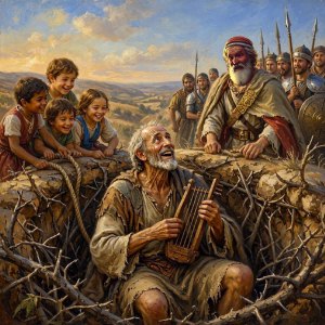 Picture of Psalm 71: I'm a Wonder to Many But I Will Praise Thee More and More (Picture of an old man [possibly David] caught in a trap by evil men but fully expecting God to rescue him so he can testify to the next generation)