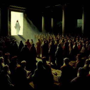 Picture of Psalm 82: How Long Will Ye Judge Unjustly? (Picture of Jesus as High Judge coming to a council of earthy judges walking in darkness)