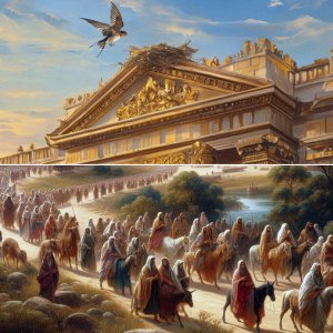 Picture of Psalm 84: Drawn to the House of God (Picture of a swallow making its nest at the top of the temple, and also of people making a pilgrimage to Jerusalem)