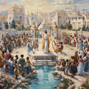 Picture of Psalm 87: The Jerusalem Citizenship for Born-Again Believers (Picture of Jesus in the Millenial Kingdom holding up a registry of those reborn in Jerusalem with those of every ethnic background holding hands in joy)