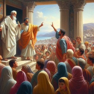 Picture of 1 Timothy 1:3-7: Paul Instructs Timothy to Stop False Teaching at Ephesus (Picture of two men teaching false doctrine at a church meeting at Ephesus and Timothy trying to stop them)