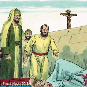 Picture of 1 Timothy 1:12-17: Christ Came to Save Sinners, Even Paul the Chief Sinner (Picture of Paul consenting to the death of Stephen with an image of Christ on the cross in the background demonstrating His grace to even Paul)