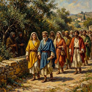 Picture of 1 John 1:5-10: Walking in the Light of Fellowship and Forgiveness (Picture of Christians walking two by two in bright light contrasted with liars hiding in darkness)