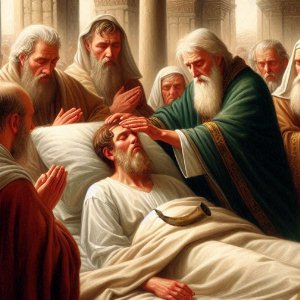 Picture of James 5:13-18: The Power of Prayer (Picture of an elder of a Christian church annointing the head of a sick man with other elders praying)